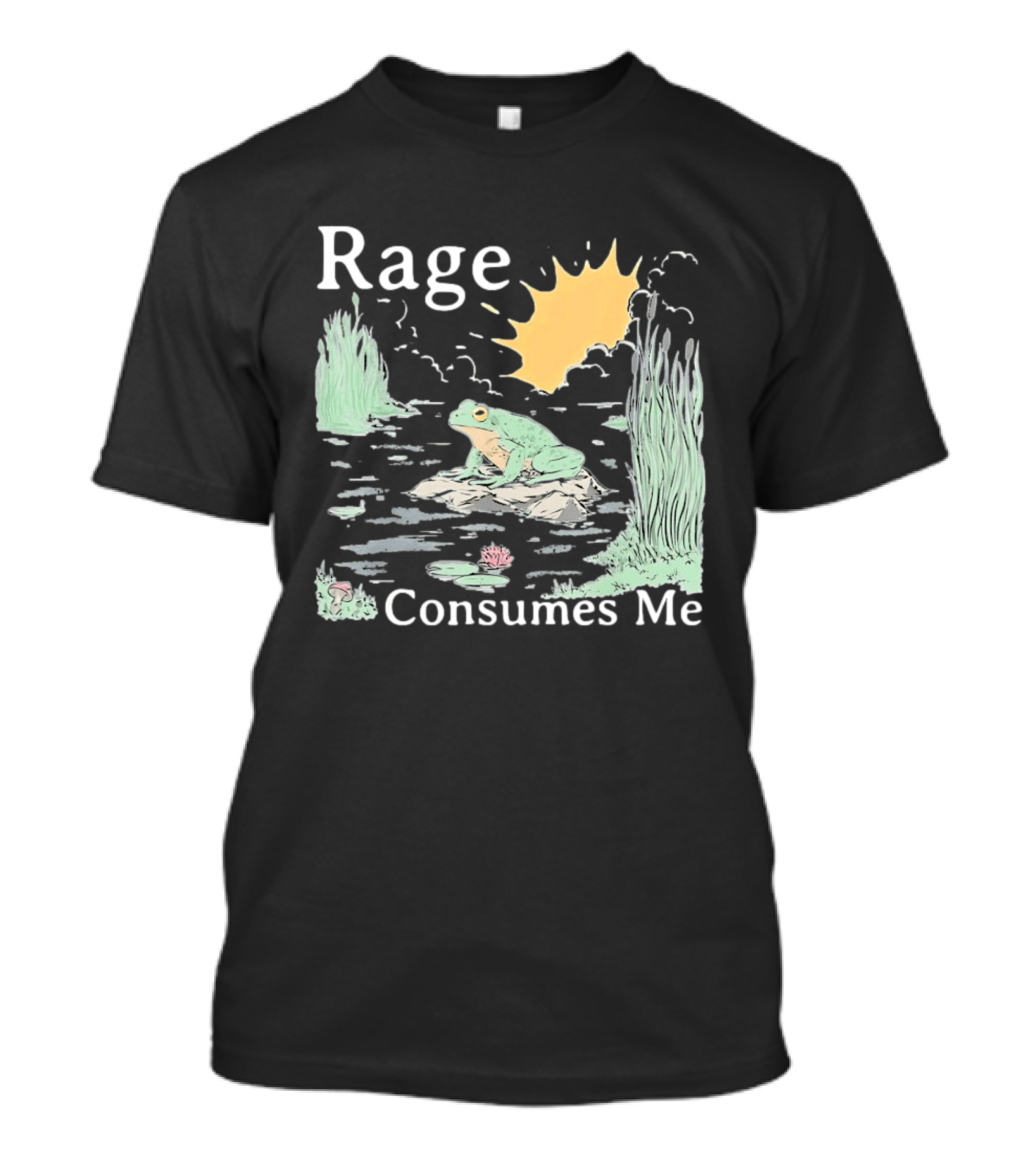 Rage Consumes Me Frog On Rock With Sunburst And Pond Scene T-Shirt