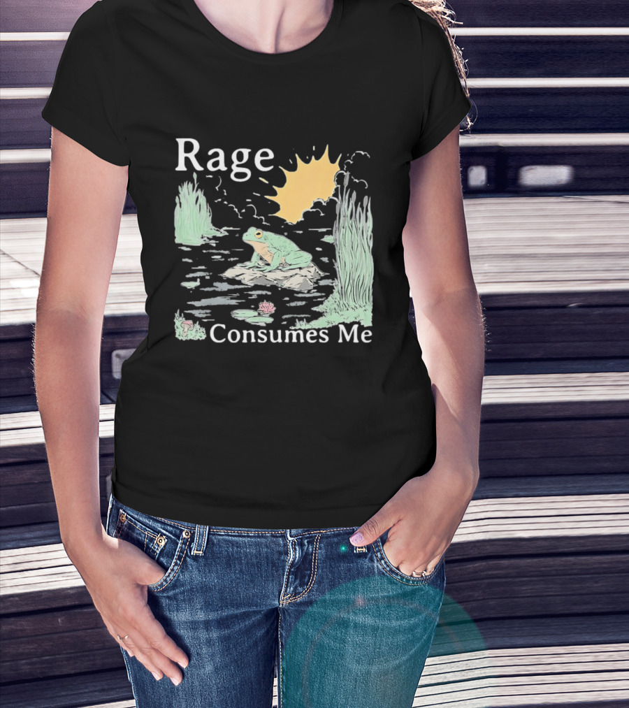 Rage Consumes Me Frog On Rock With Sunburst And Pond Scene T-Shirt