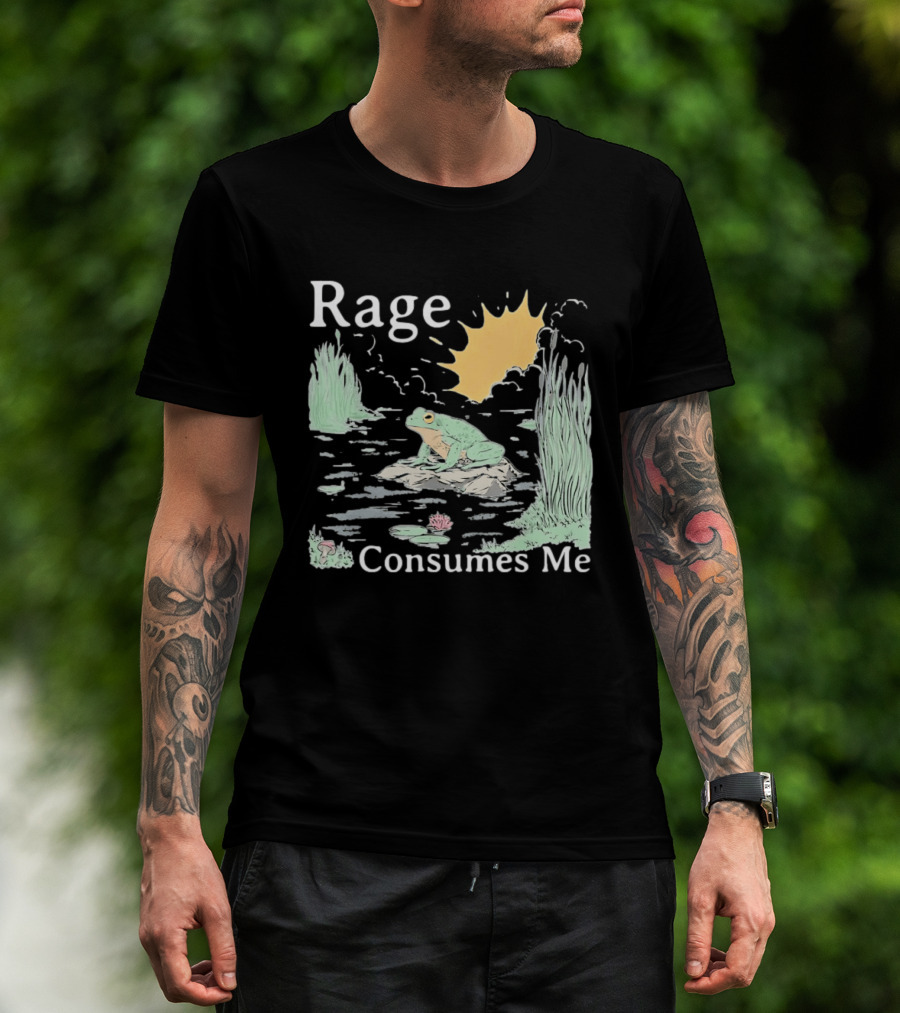 Rage Consumes Me Frog On Rock With Sunburst And Pond Scene T-Shirt