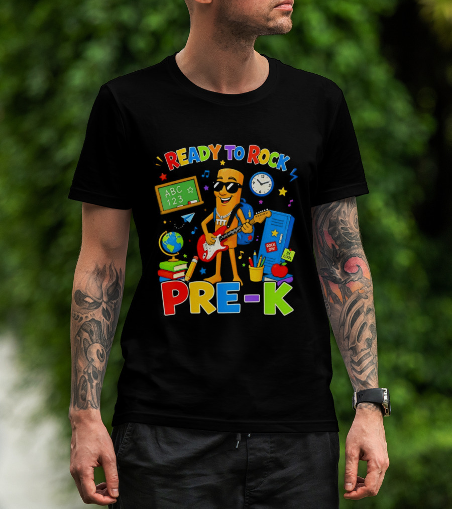 Ready To Rock Pre K Cartoon With Guitar And School Supplies T-Shirt