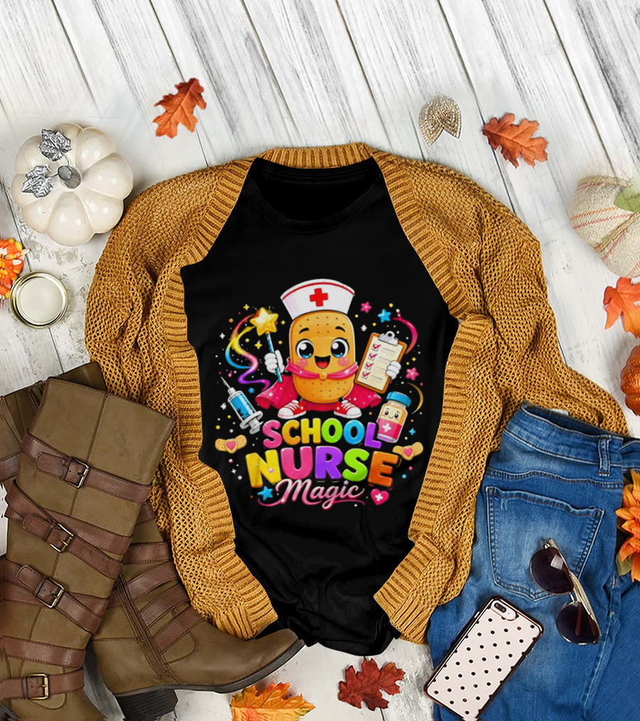 Magic School Nurse Potato Cartoon With Syringe And Pill T-Shirt