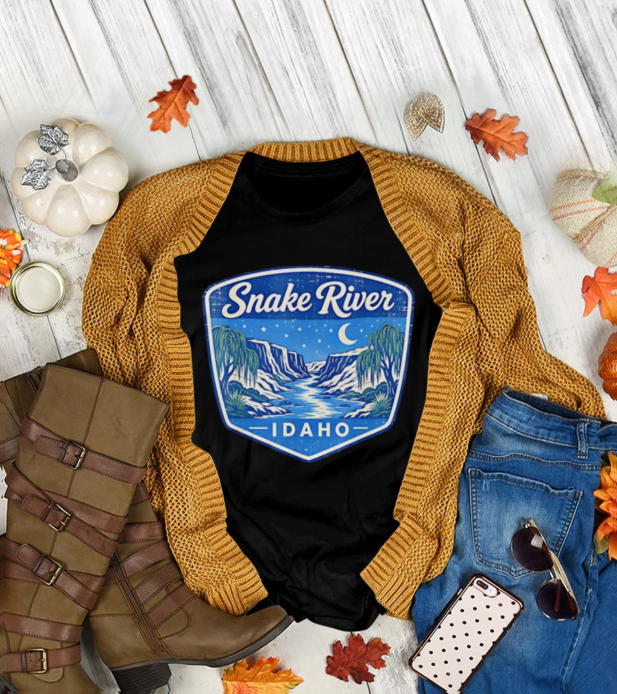 Snake River Idaho Nighttime Canyon with Moon and Stars T-Shirt