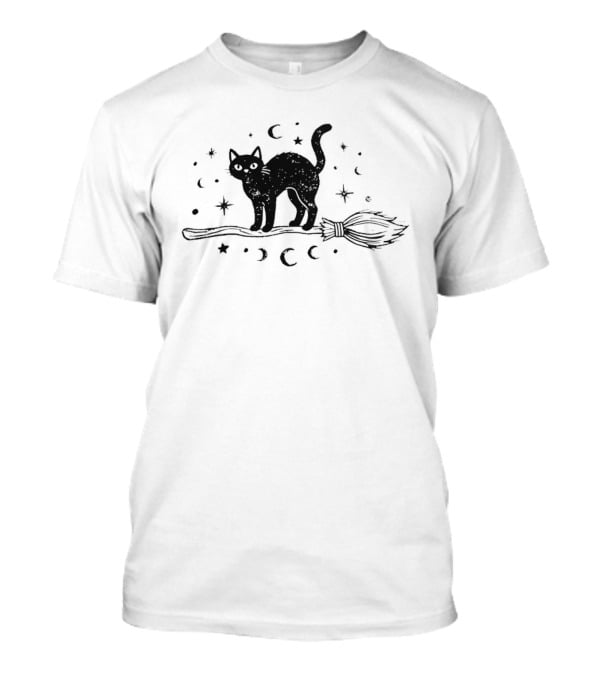 Black Cat With Celestial Moons Stars On Broomstick T-Shirt