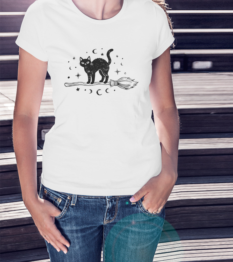 Black Cat With Celestial Moons Stars On Broomstick T-Shirt