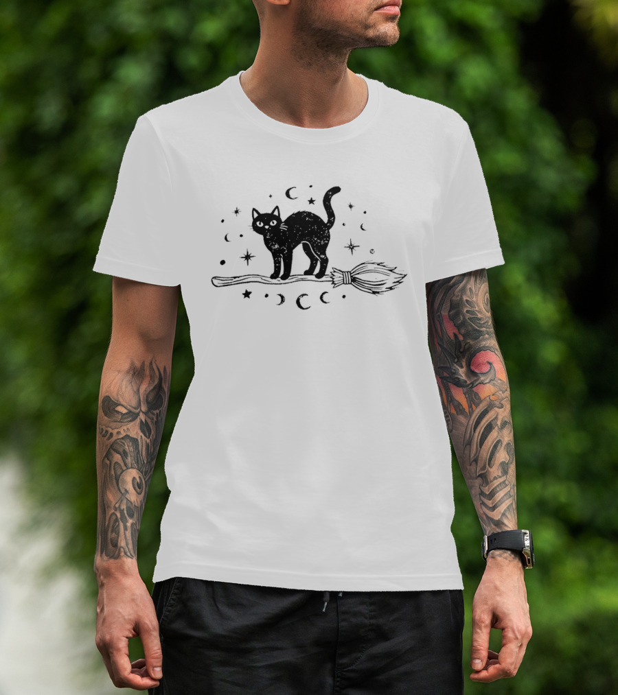 Black Cat With Celestial Moons Stars On Broomstick T-Shirt