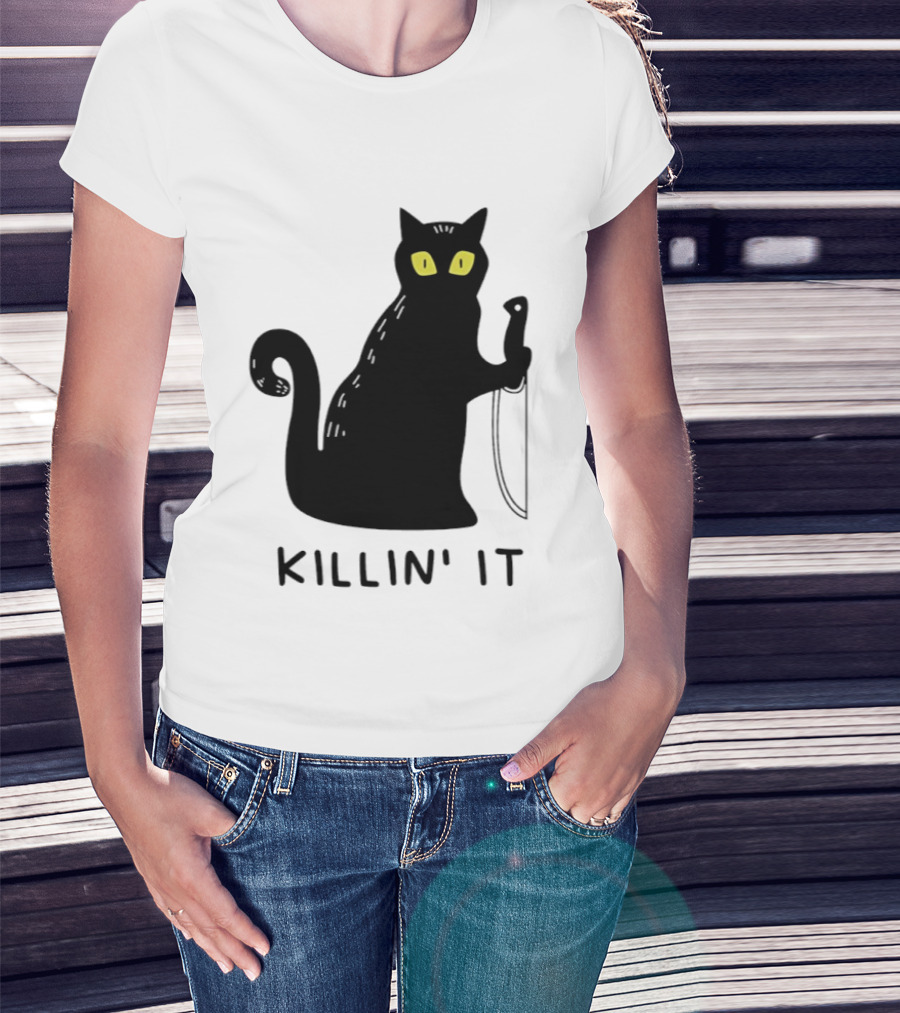 Black Cat Killin' It Halloween Knife T-Shirt