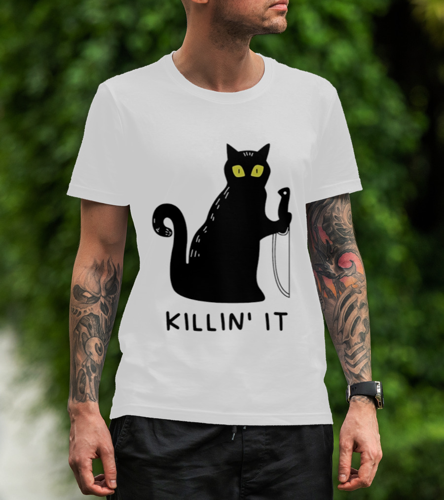 Black Cat Killin' It Halloween Knife T-Shirt