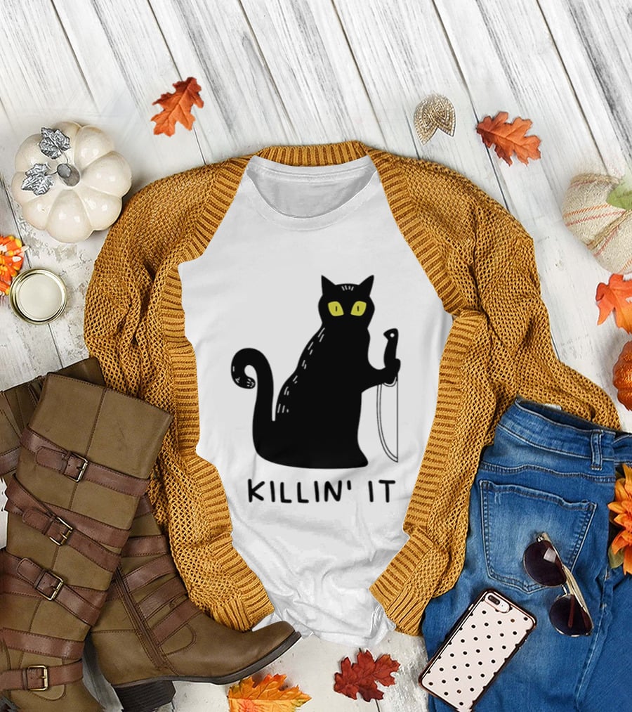 Black Cat Killin' It Halloween Knife T-Shirt