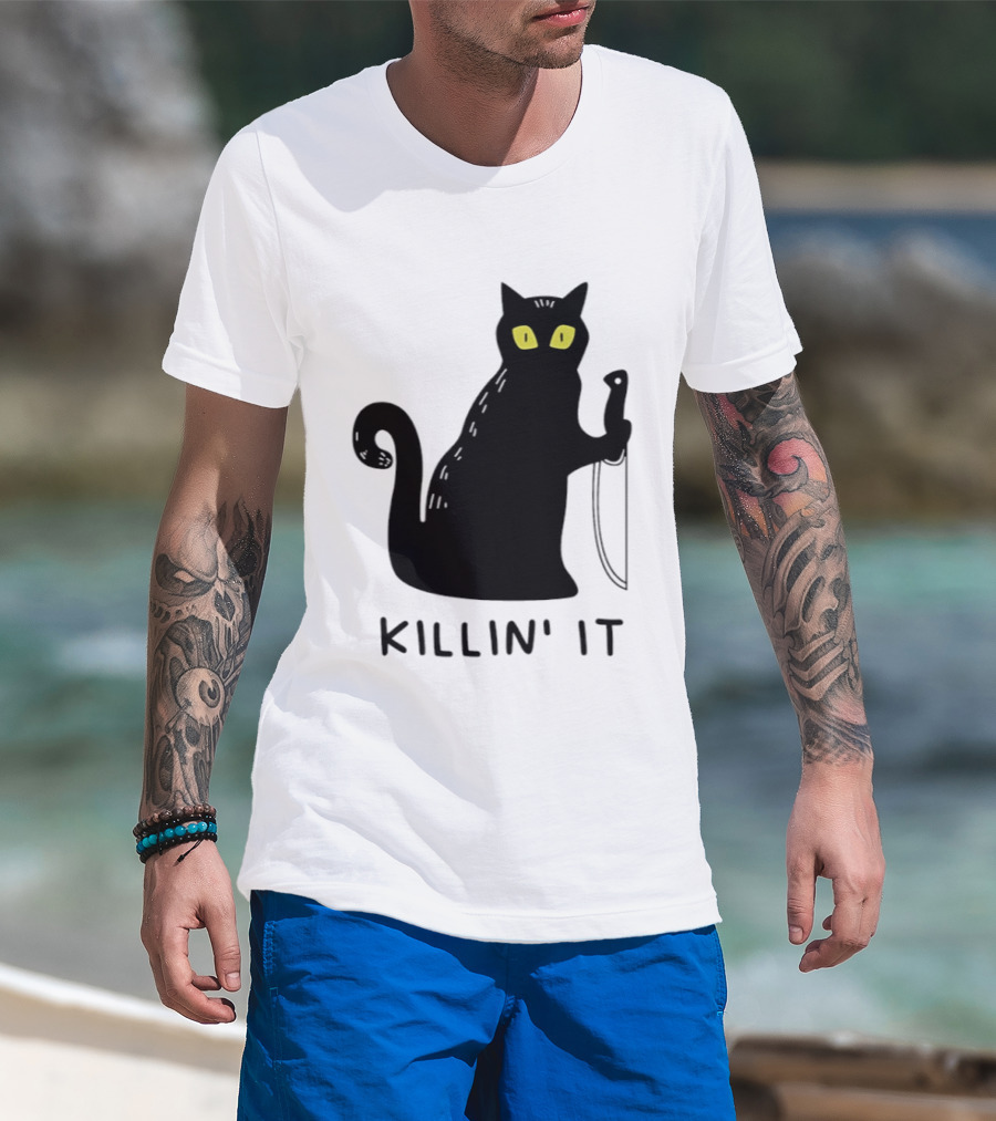 Black Cat Killin' It Halloween Knife T-Shirt