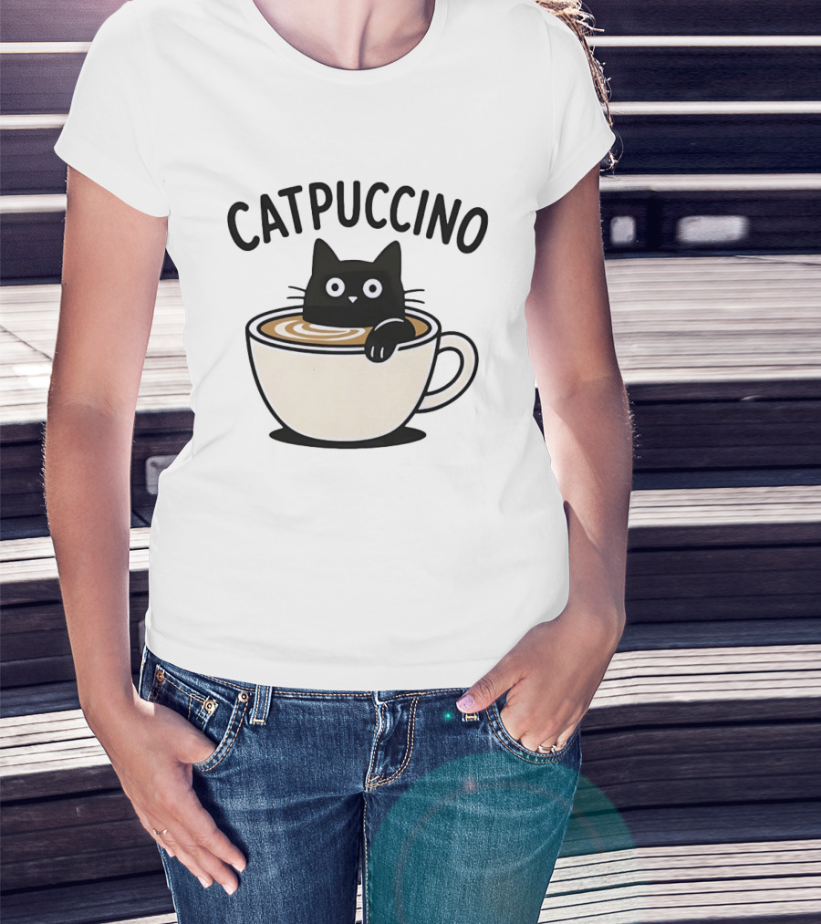 CATPUCCINO Black Cat In A Coffee Cup Cappuccino T-Shirt