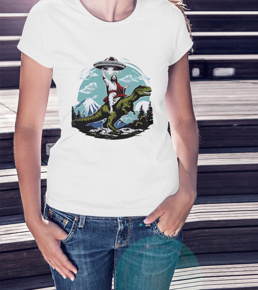 Jesus Riding Rex UFO Nature Scene With Mountains And Trees T-Shirt