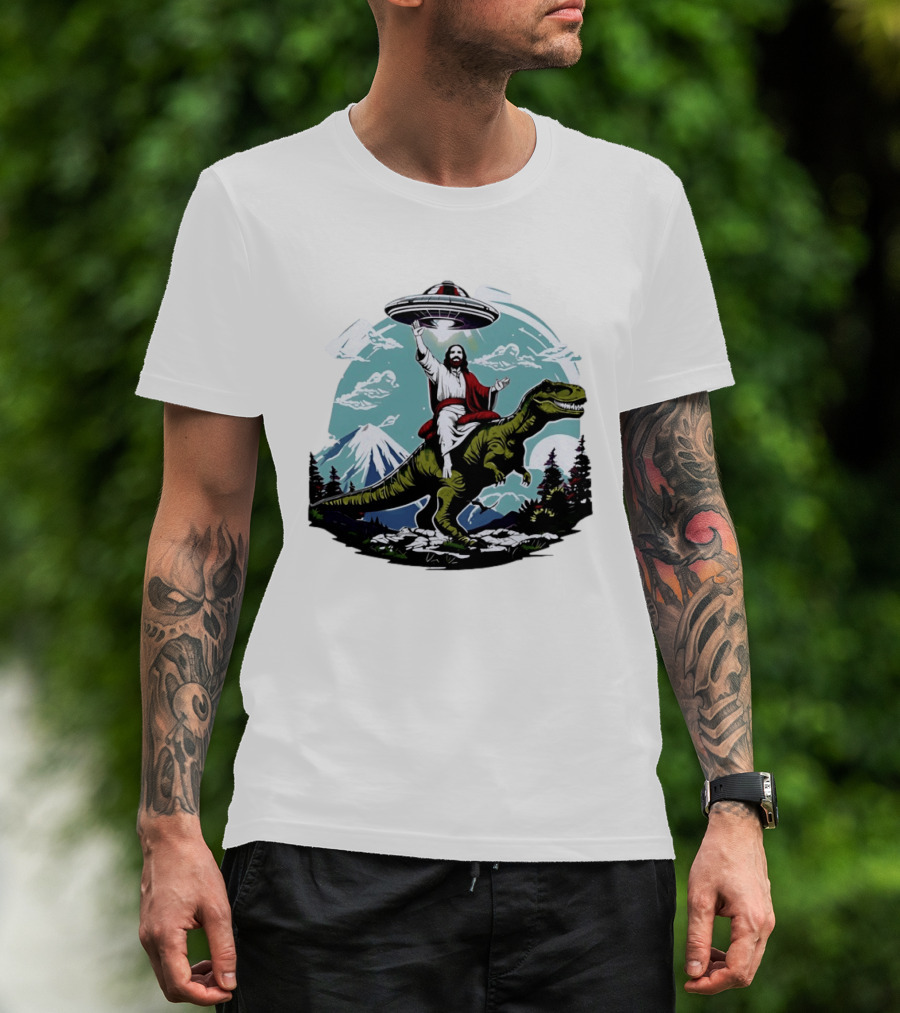 Jesus Riding Rex UFO Nature Scene With Mountains And Trees T-Shirt