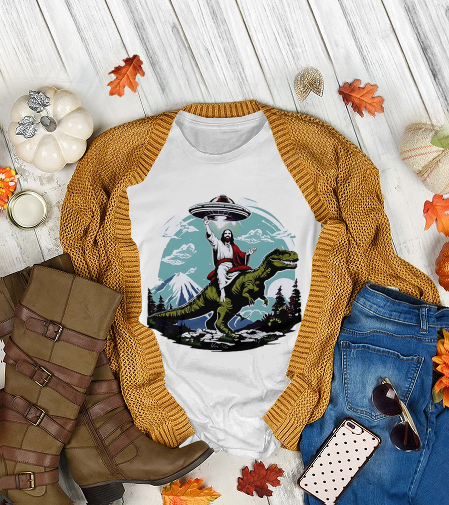 Jesus Riding Rex UFO Nature Scene with Mountains and Trees T-Shirt