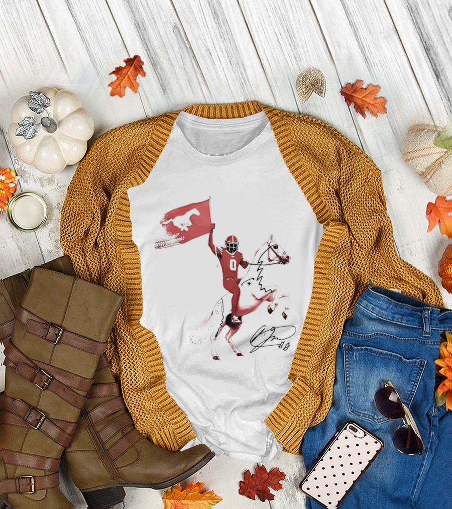 SMU Mustangs Football Player Riding Horse Holding Flag Number 0 T-Shirt