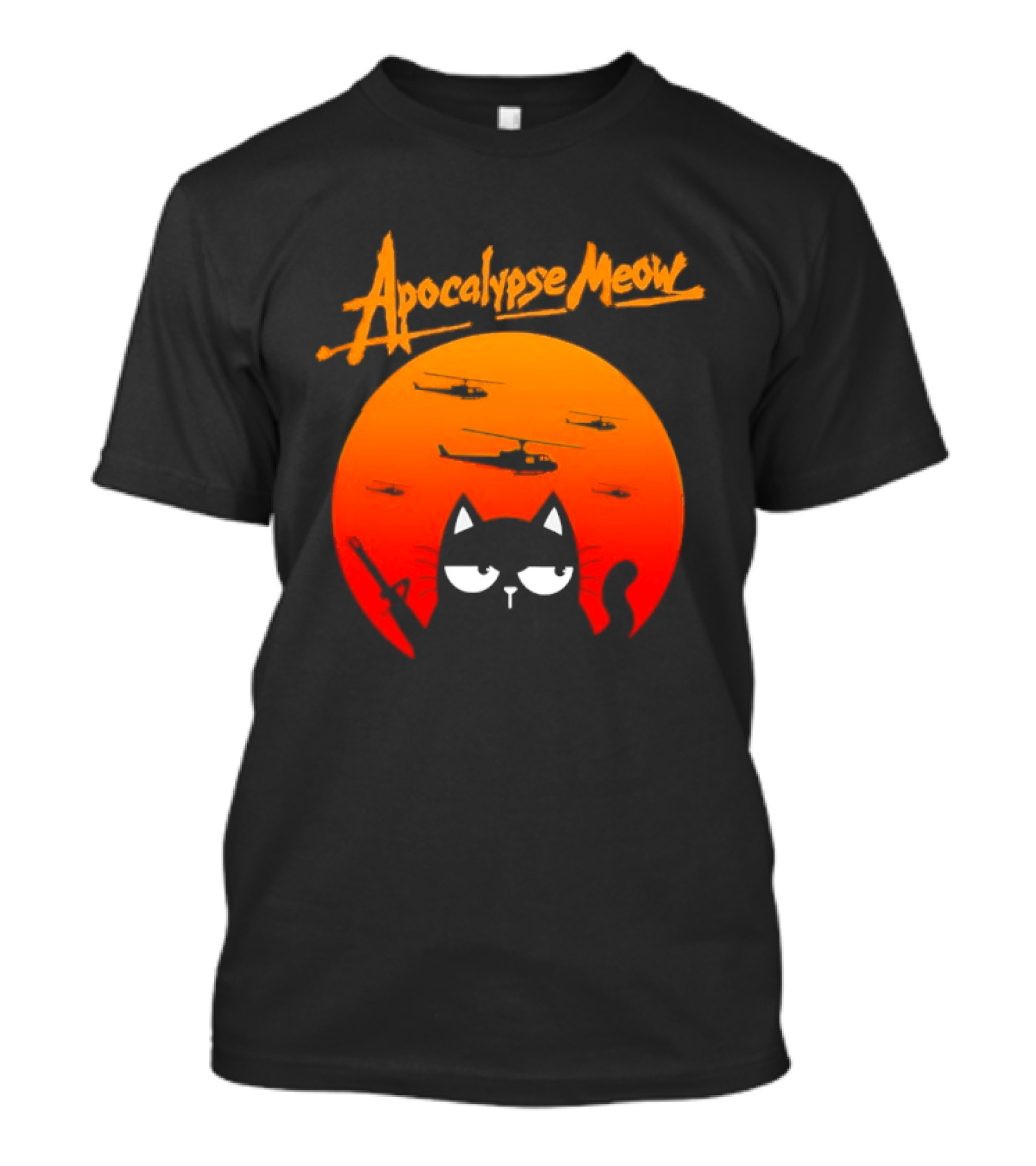 Apocalypse Meow Cat Helicopter Orange Sun T-Shirt