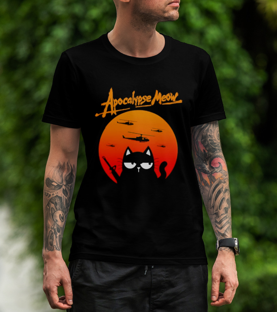 Apocalypse Meow Cat Helicopter Orange Sun T-Shirt