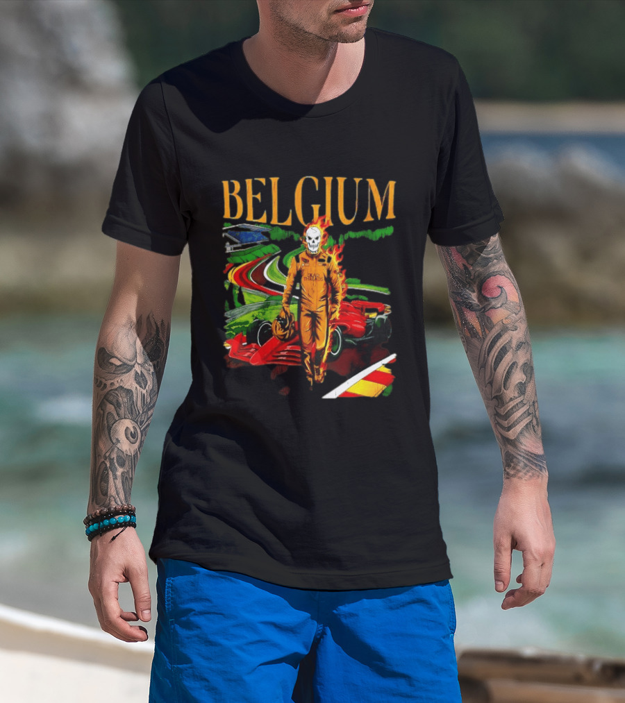 Belgium Dead Threads Formula 1 Racing Skeleton Flame Suit Track T-Shirt