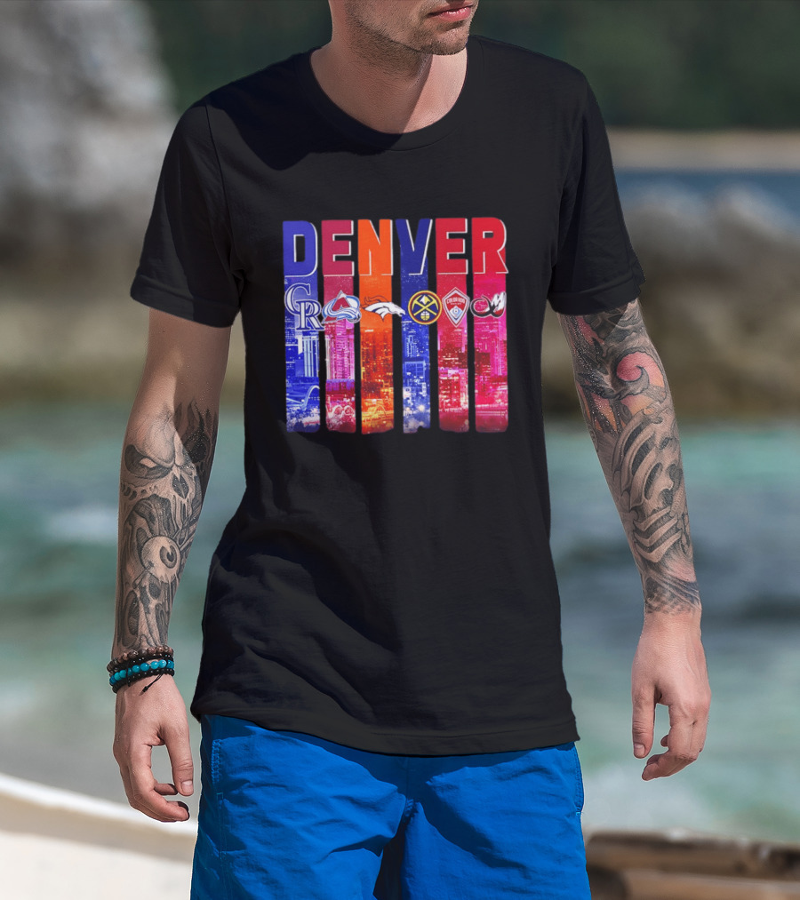 Denver City Skyline With Colorado Rockies Avalanche Broncos Nuggets Rapids Mammoth T-Shirt