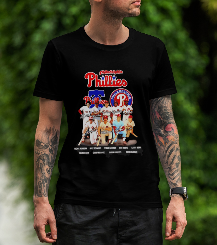 Philadelphia Phillies Legends Ashburn Schmidt Carlton Boone Bowa McGraw Maddox Roberts Luzinski Signatures Vintage Players T-Shirt
