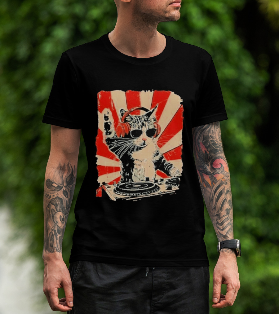 DJ Cat With Headphones Red Sunburst T-Shirt