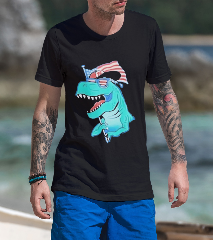 Patriotic Rex American Flag Sunglasses 76 Dinosaur T-Shirt