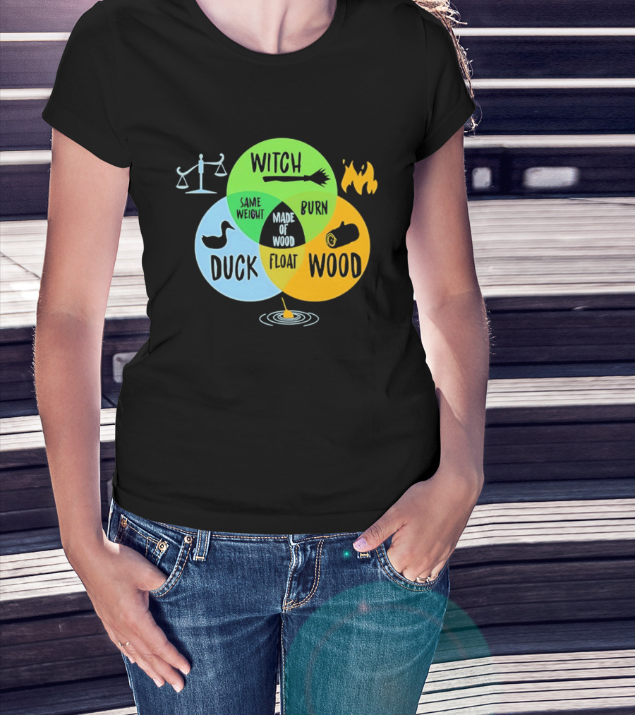 Monty Python Witch Duck Same Weight Made Of Wood Burn Float Venn Diagram T-Shirt