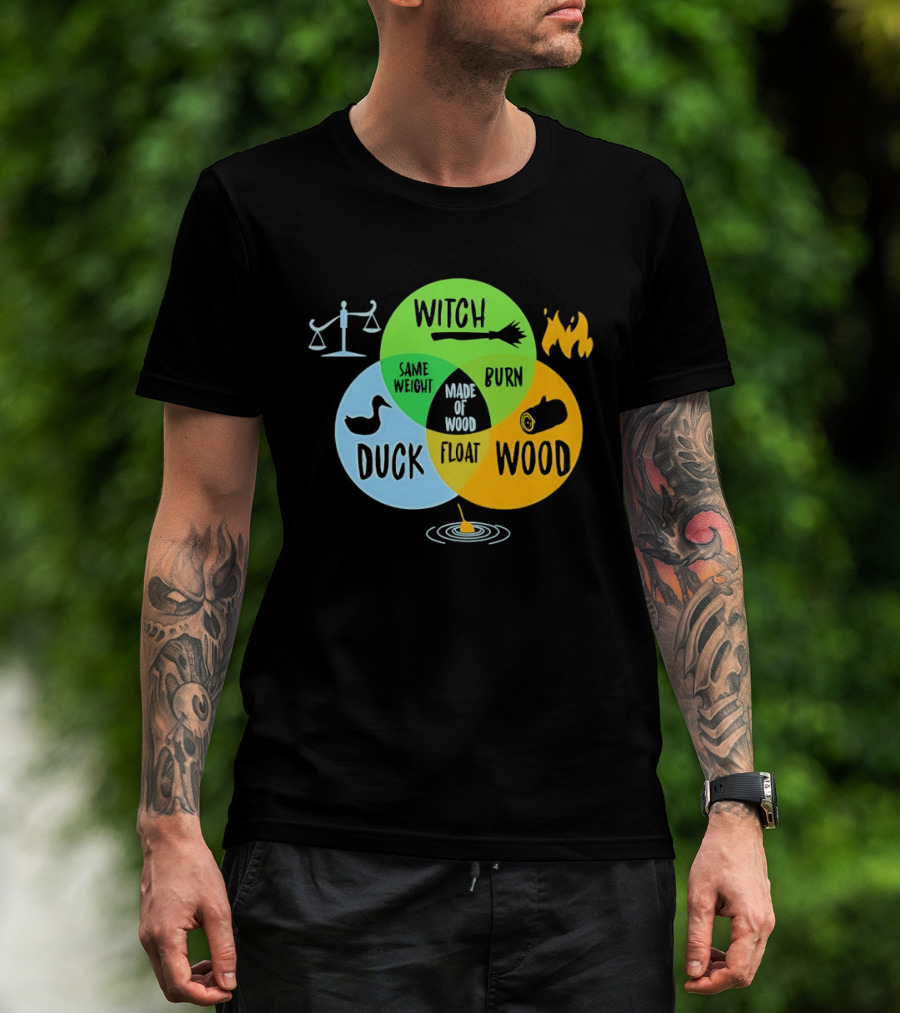 Monty Python Witch Duck Same Weight Made Of Wood Burn Float Venn Diagram T-Shirt