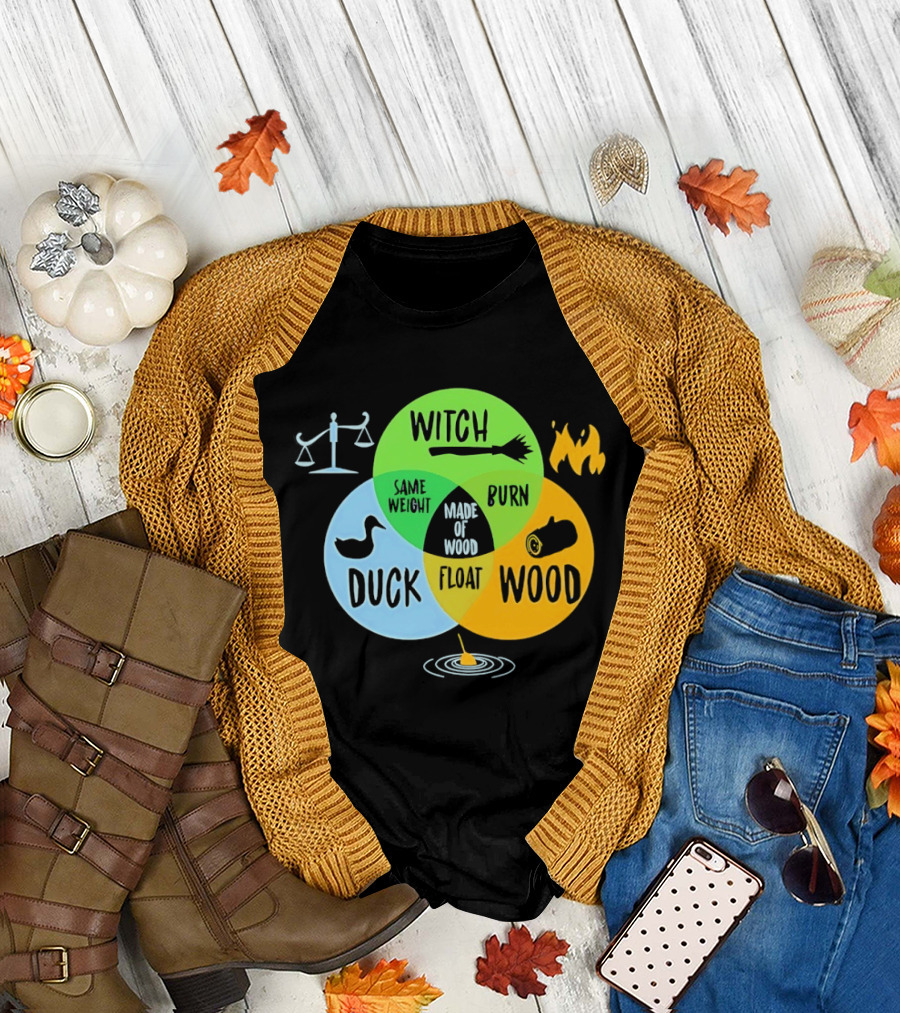 Monty Python Witch Duck Same Weight Made Of Wood Burn Float Venn Diagram T-Shirt