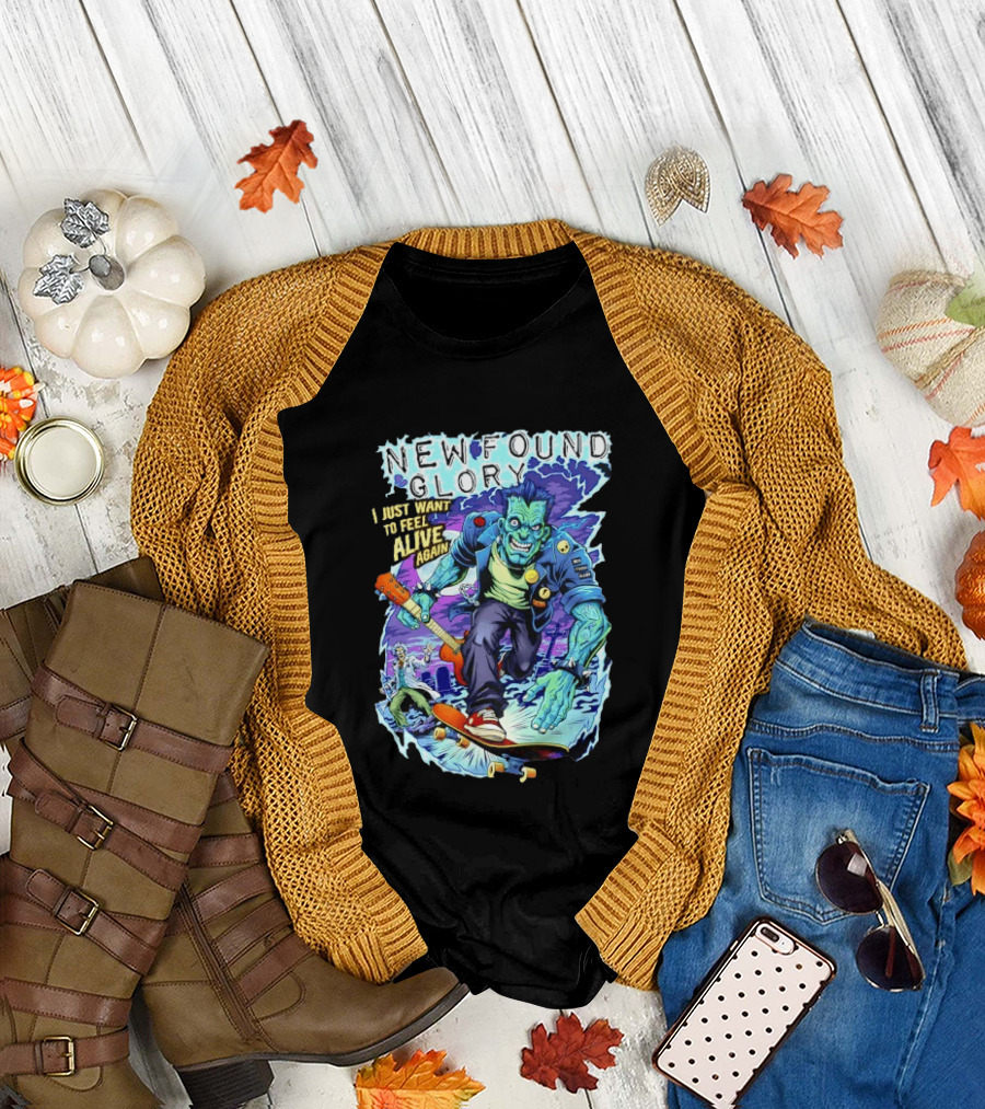 New Found Glory I Just Want to Feel Alive Again Frankenstein Skateboard Zombie Punk T-Shirt