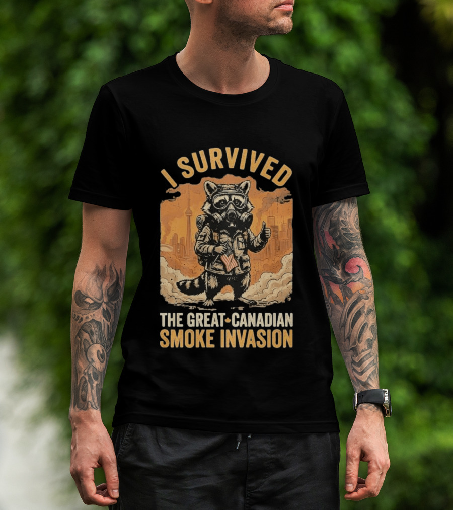 I Survived The Great Canadian Smoke Invasion Raccoon Cityscape Gas Mask T-Shirt