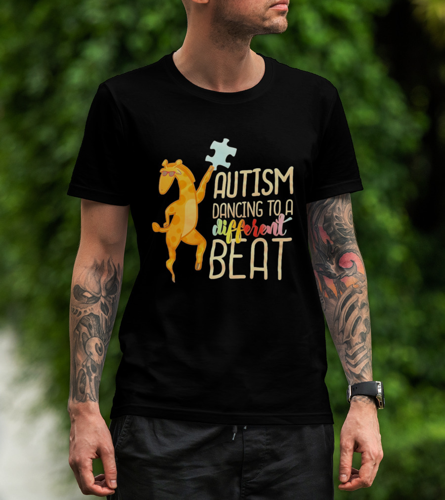 Autism Dancing To A Different Beat Giraffe Puzzle Piece And Sunglasses T-Shirt