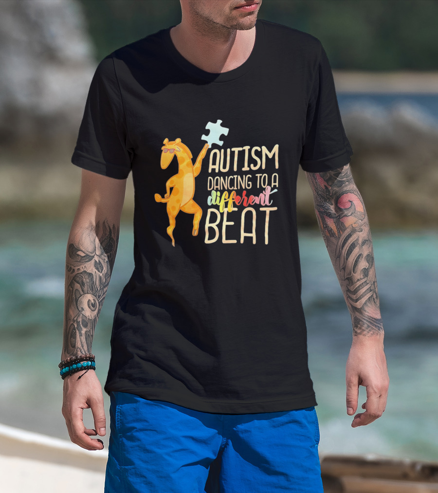 Autism Dancing To A Different Beat Giraffe Puzzle Piece And Sunglasses T-Shirt