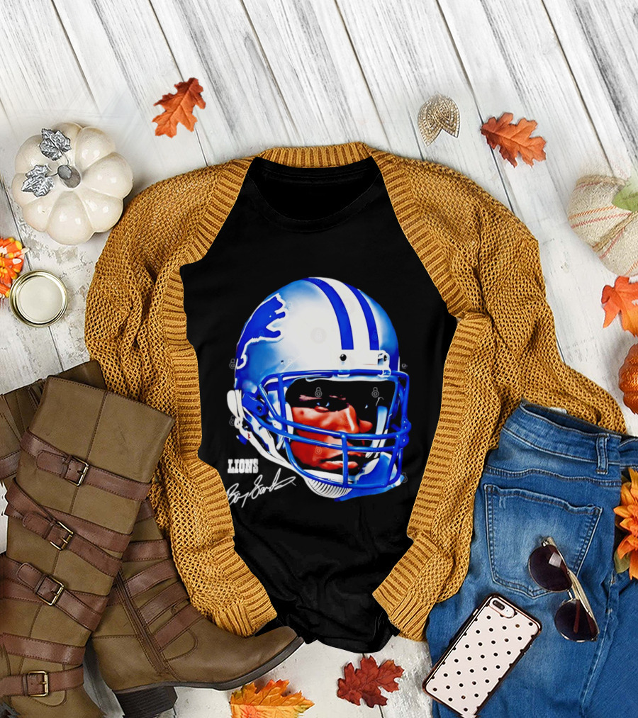 Barry Sanders Detroit Lions Helmet Signature Lions T-Shirt