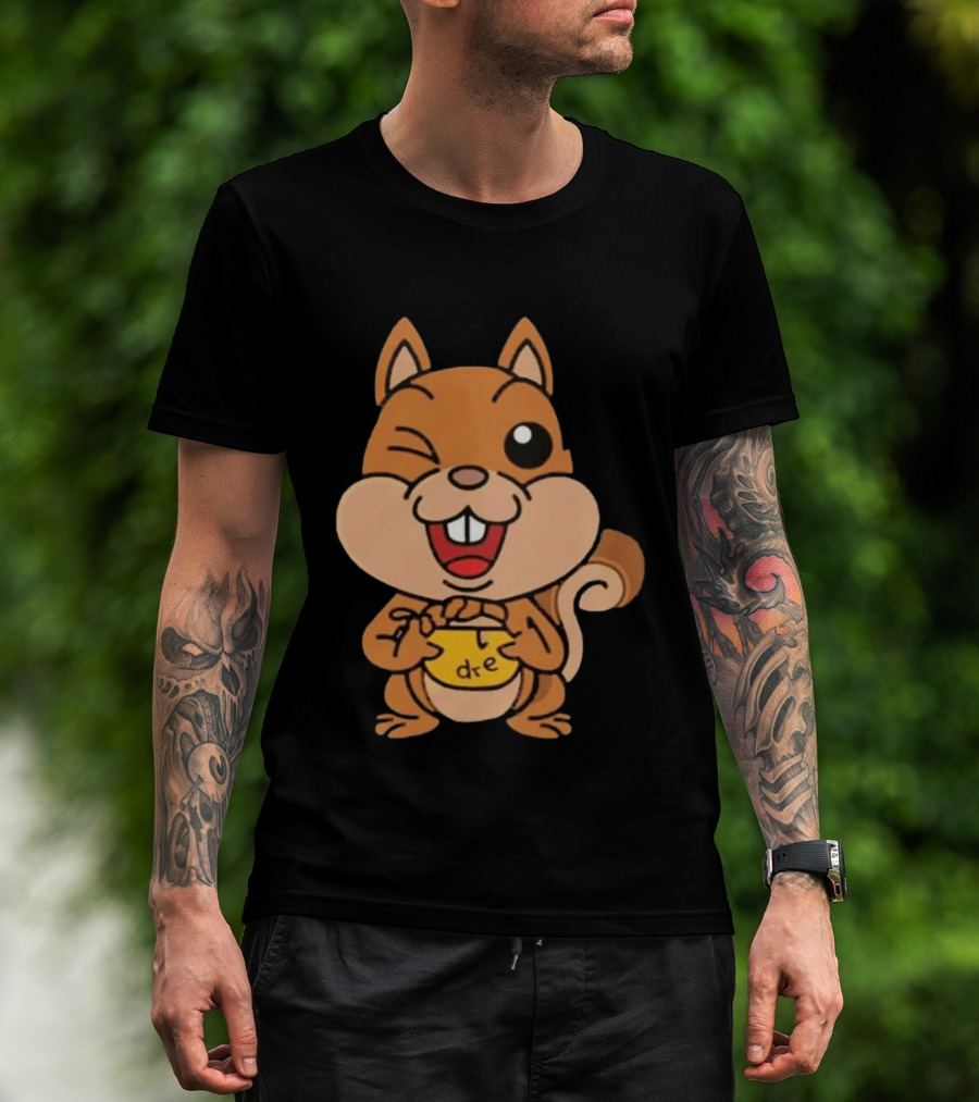 Cartoon Squirrel Holding Yellow Object With "dre" T-Shirt