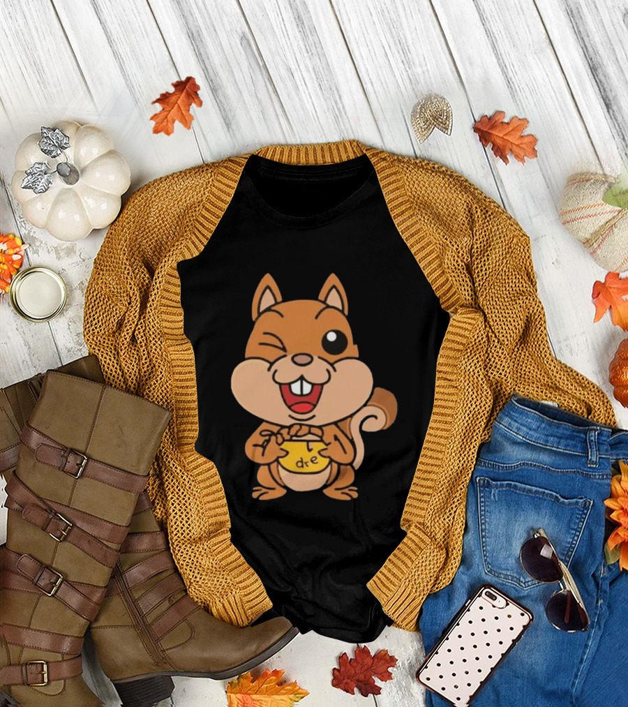 Cartoon Squirrel Holding Yellow Object With "dre" T-Shirt