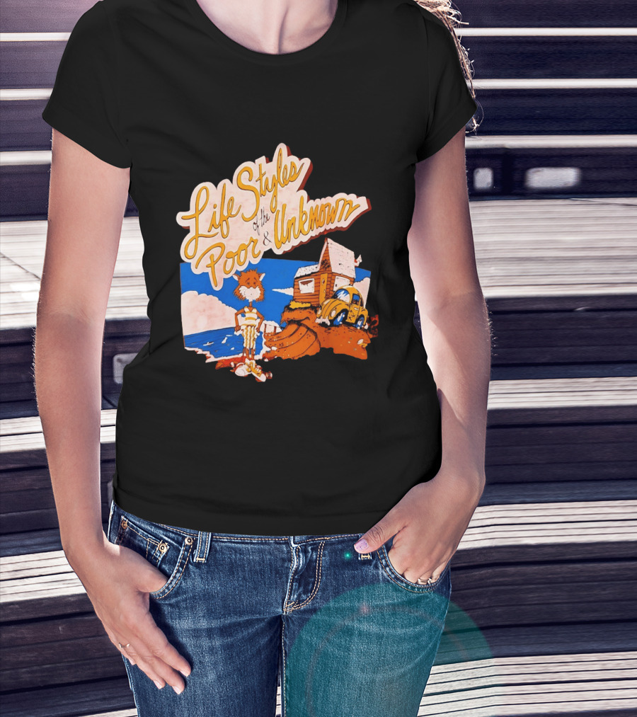 Life Styles Of The Poor And Unknown Cartoon Cat Beach Scene With House And Car T-Shirt