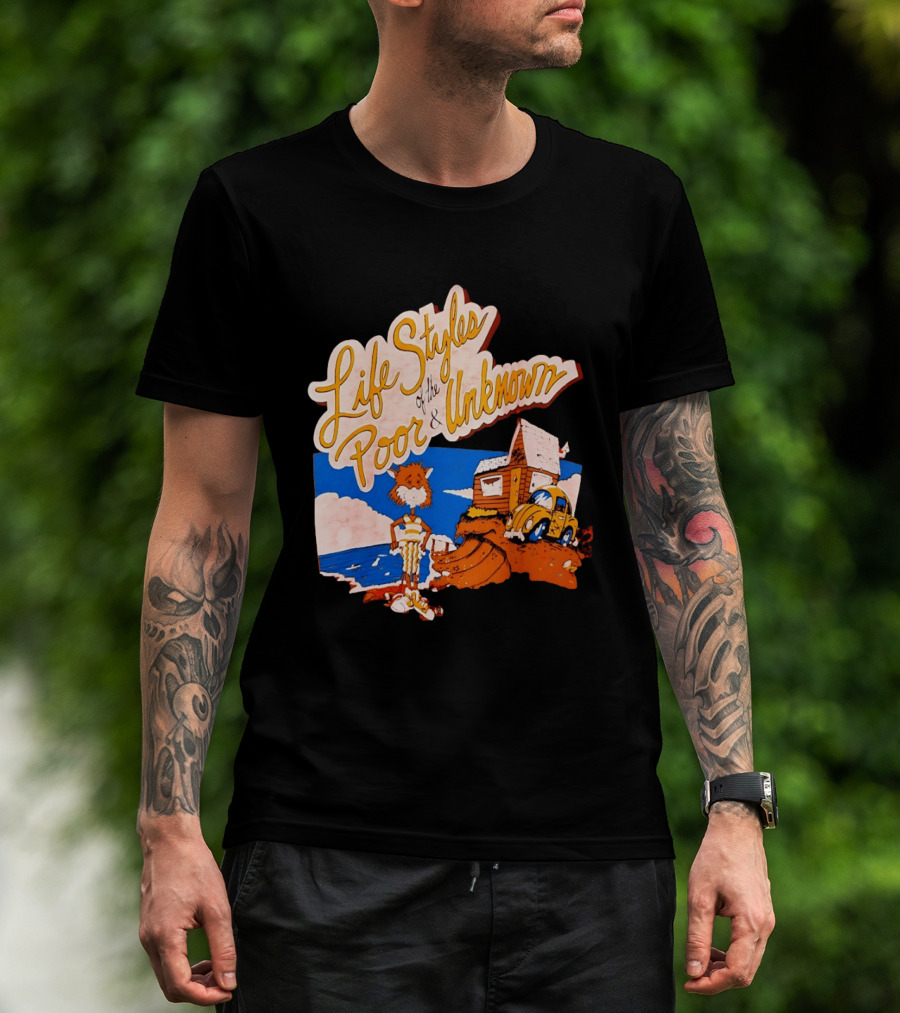 Life Styles Of The Poor And Unknown Cartoon Cat Beach Scene With House And Car T-Shirt