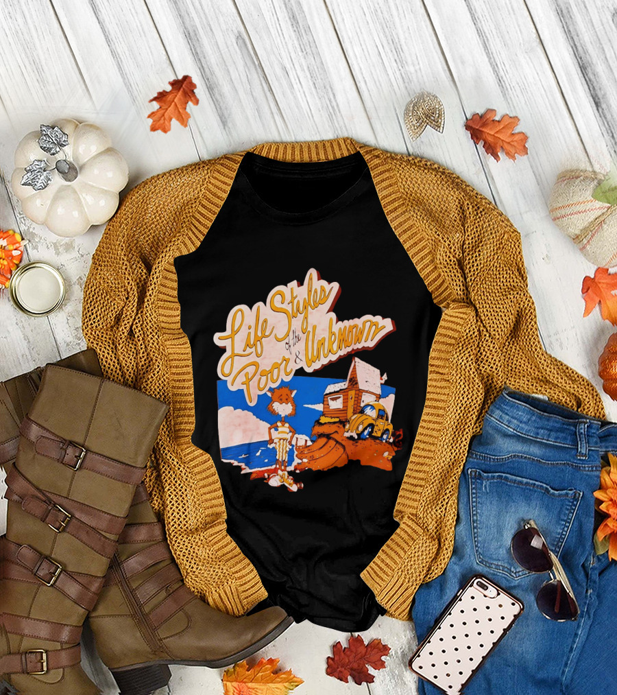 Life Styles Of The Poor And Unknown Cartoon Cat Beach Scene With House And Car T-Shirt