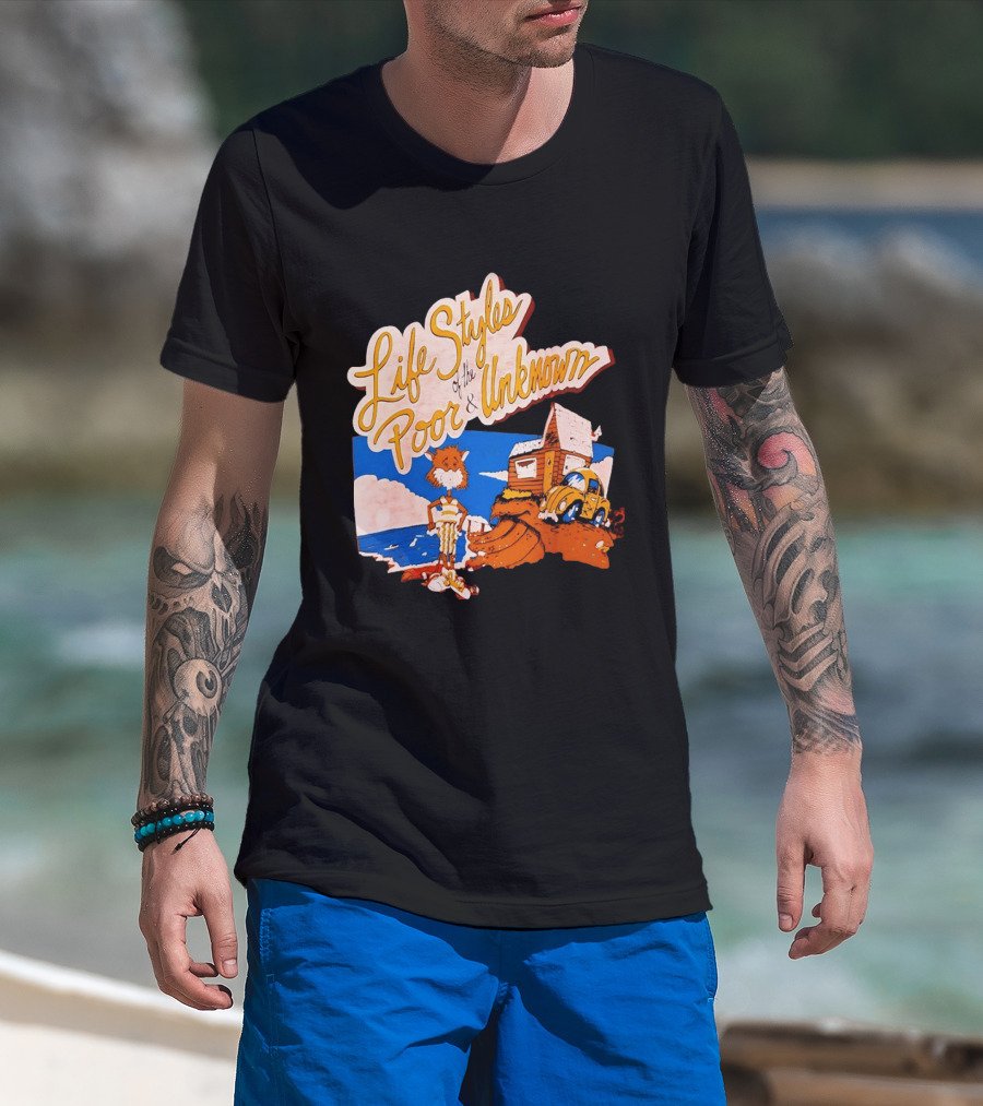 Life Styles Of The Poor And Unknown Cartoon Cat Beach Scene With House And Car T-Shirt