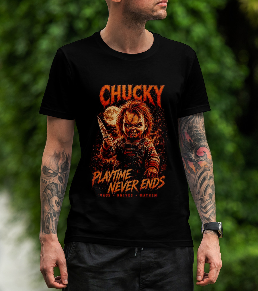 Chucky Playtime Never Ends Chaos Knives Mayhem T-Shirt