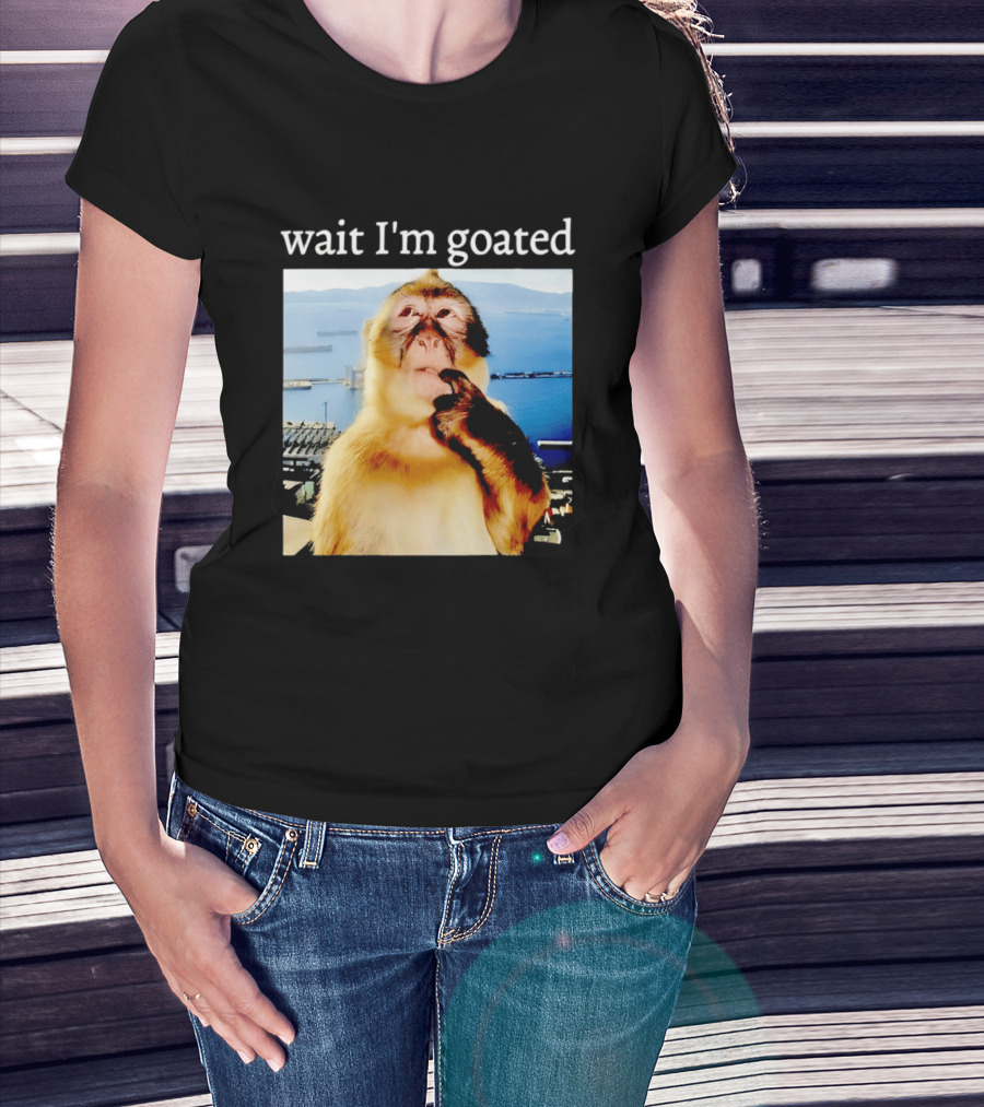 Wait I'm Goated Monkey Meme Coastal View Playful Expression T-Shirt