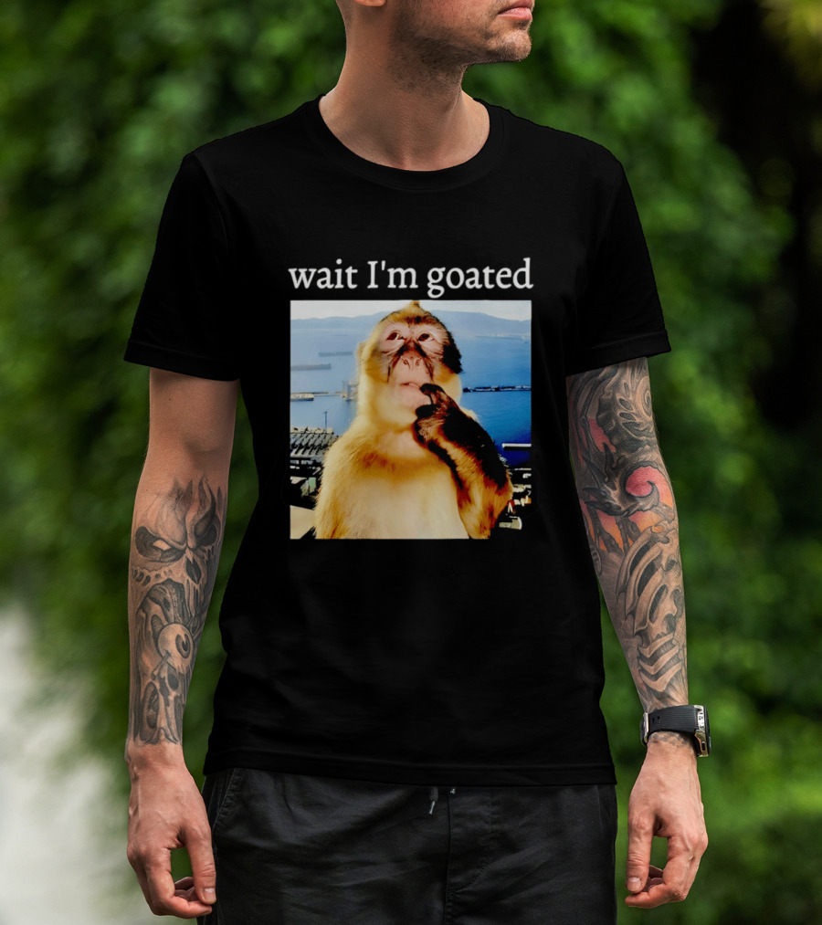 Wait I'm Goated Monkey Meme Coastal View Playful Expression T-Shirt