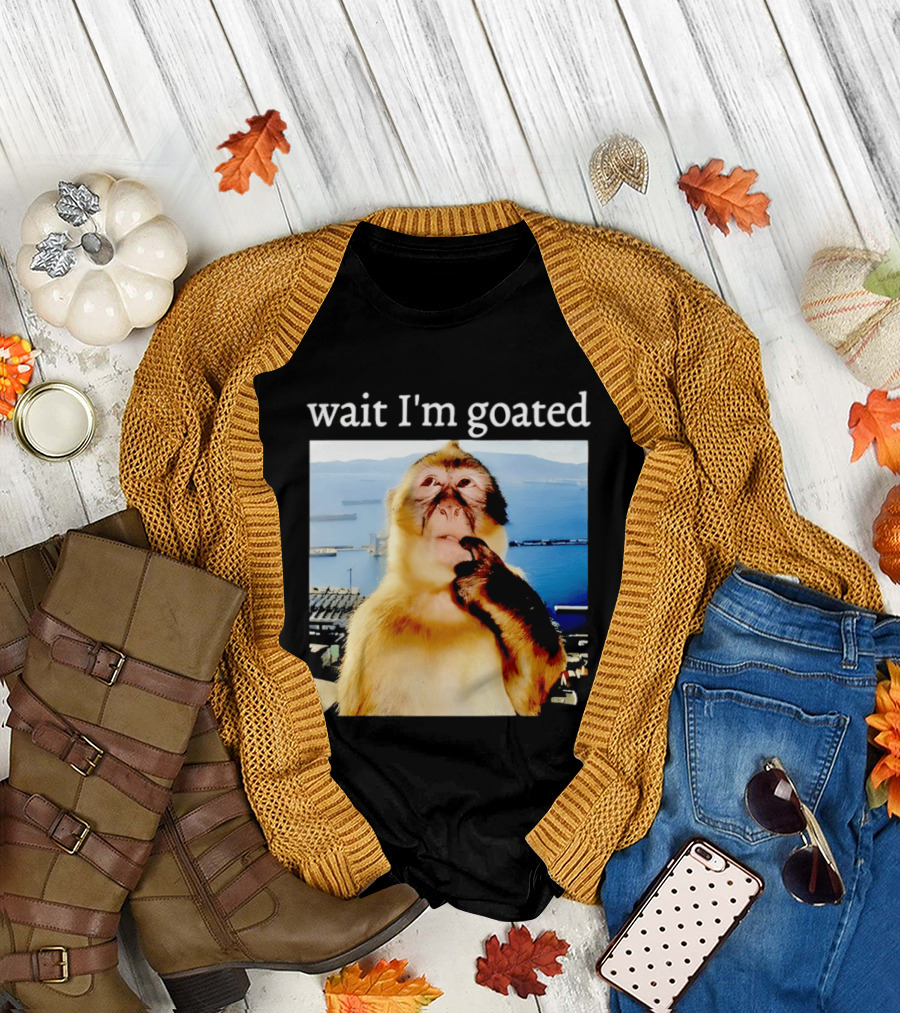 Wait I'm Goated Monkey Meme Coastal View Playful Expression T-Shirt