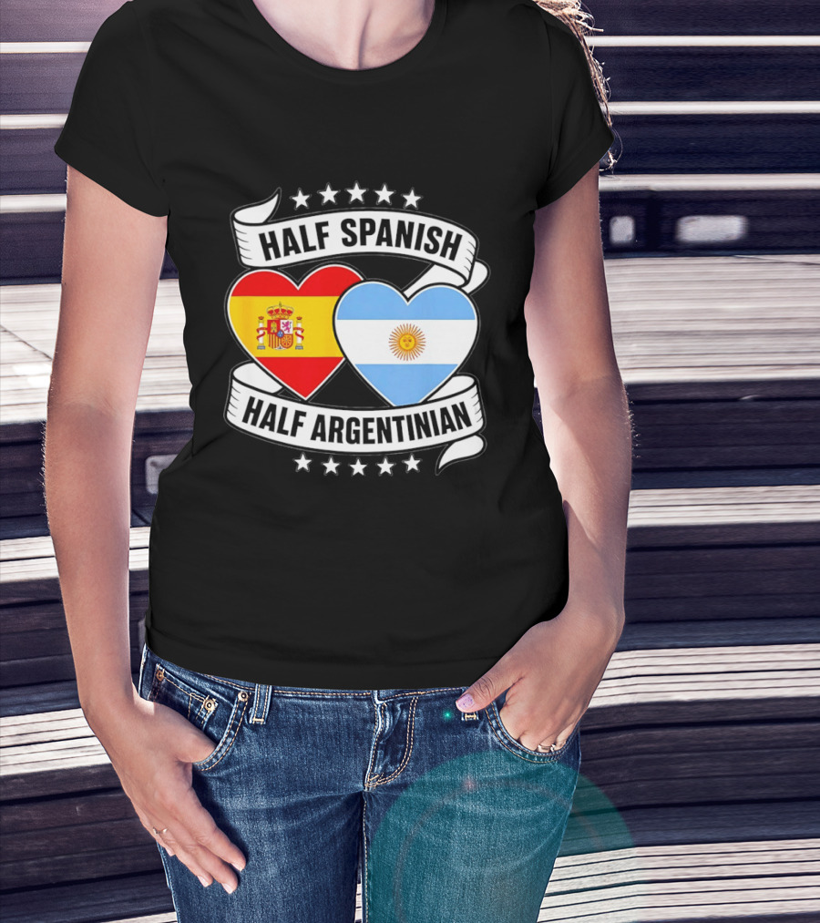 Half Spanish Half Argentinian Heart Flags Banner Star T-Shirt