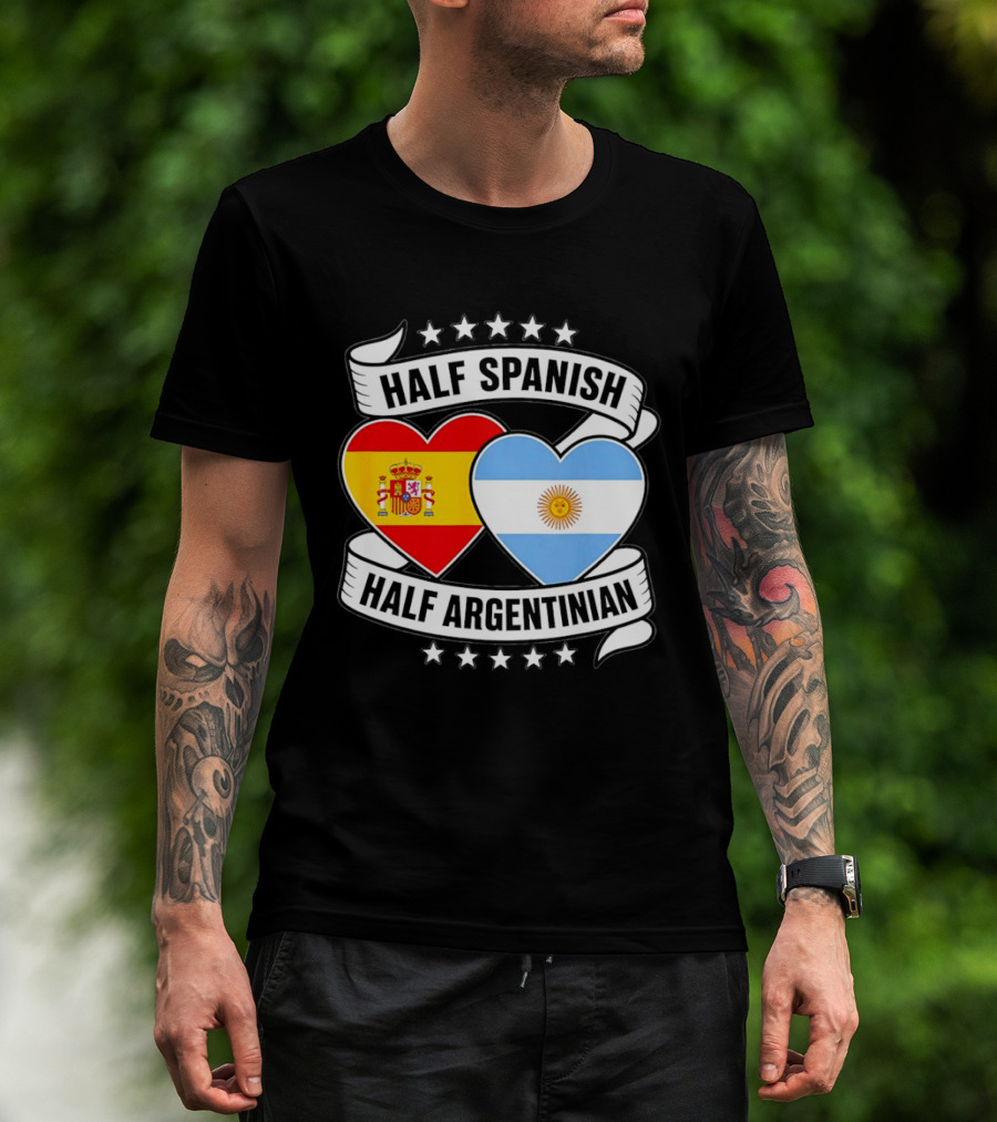 Half Spanish Half Argentinian Heart Flags Banner Star T-Shirt