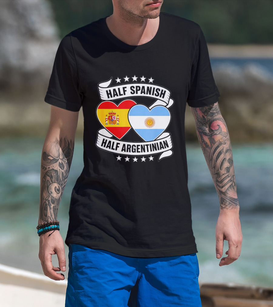 Half Spanish Half Argentinian Heart Flags Banner Star T-Shirt