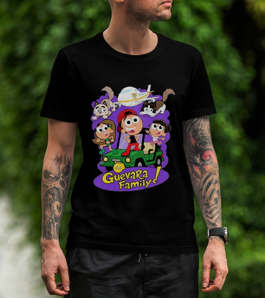 The Guevara Family Cartoon Adventure With Pets And Airplane T-Shirt