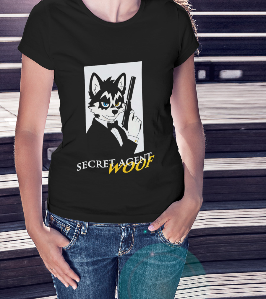 Secret Agent Woof Husky Tuxedo Spy Dog Holding Pistol Image T-Shirt