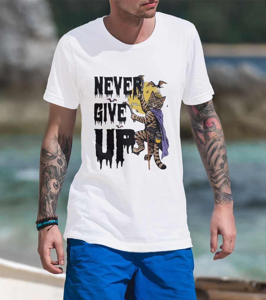 Never Give Up Cat Climbing With Crown And Cape T-Shirt