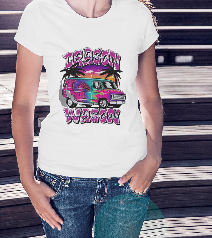 Dragon Wagon Van Tie Dye Sunset With Palm Trees T-Shirt
